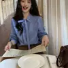 Romance francês! Camisa listrada azul com alças de gravata borboleta, manga longa, blusa casual versátil, top elegante para mulheres