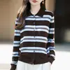Nuevo Cárdigan de Punto Fino con Solapas de Lana para Otoño/Invierno 2026, Manga Larga, para Mujer, Bloque de Color, Rayas, Holgado, Top Versátil