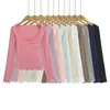 7741-26 Outono Estilo Coreano Slim Fit Cor de Sorvete Bolso Gola Redonda Grande Manga Longa Básica Camiseta Pulôver Camada de Base