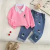 Conjunto bordado de dos piezas de punto gofrado para niña de comercio exterior con pantalones vaqueros, conjunto de dos piezas, suministro directo de fábrica, venta al por mayor
