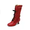 Botas de moda para mujer de caña media con punta redonda y volantes huecos, estilo británico de tacón alto para otoño e invierno, talla grande 7736