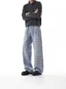 Jeans de Cuadros Azules para Hombre, Estilo Otoño, Pantalones de Trabajo Anchos Retro Americanos Geniales, Pantalones de Pierna Recta Acampanados Adelgazantes