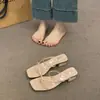 Chinelos Retrô Estilo Coreano com Tiras Finas, Bico Quadrado e Salto Bloco para Mulheres, Uso Externo de Verão, Sandálias Slip-On Simples e Versáteis Estilo Coreano