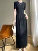 Vestido Longo Casual de Manga Curta com Gola Redonda Lisa, Cintura Apertada Emagrecedor, Malha Ice Silk Quzhu para Mulheres