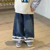 Coleção Primavera Fuguo 2026 Jeans Largos para Meninas, Calças Casuais de Renda para Meninas Pequenas, Calças Flare Versáteis