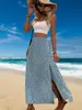 Saia Midi Estampada Floral Europeia e Americana Primavera/Verão/Outono 2025 Amazon Cross-Border Fenda Linha A Bodycon Cintura Média Saia Longa com Barra Larga