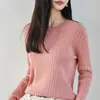Suéter de malha canelada 100% algodão com gola redonda, estilo minimalista, para mulheres, manga longa, corte solto, versátil, blusa base que afina, top suéter