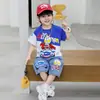 Conjunto de Verano para Niños con Estampado de Coche con Cara Sonriente, Conjunto de Mezclilla de Manga Corta, Elegante Conjunto Casual de Dos Piezas para Niños Pequeños