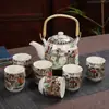 Conjunto de Chá Jogo Bule Grande Porcelana Azul e Branca Bule com Alça de 7 Cabeças Cerâmica Peônia Chinês Retrô Atacado Xícara de Chá Doméstica
