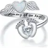 Anillo de Huella de Ángel de Plata de Ley S925 Europeo y Americano Transfronterizo para Mujer, Regalo para Mamá, Anillo Abierto de Moda con Alas de Corazón