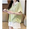 1.00 kg-150.00 kg Talla Grande Camisa Polo con Pliegues Manga Corta para Mujer Verano Nuevo Holgada Adelgazante Diseño con Sentido Top de Moda