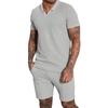 2023 Verão Novo Transfronteiriço Amazon Waffle Gola V Manga Curta Shorts Conjunto de Duas Peças Lapela Polo Masculino