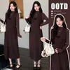 Ropa de maternidad otoño e invierno nuevo conjunto de vestido chaleco a cuadros camisa base de cuello medio alto falda de cuello en V con lazo dos piezas