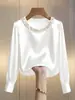 Site independente Wish Amazon primavera-verão estilo francês pérola gola redonda cetim manga longa camisa feminina com bordado
