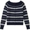 Cárdigan de punto a rayas azul marino estilo coreano, sin hombros, de manga larga para mujer, una prenda base adelgazante para otoño