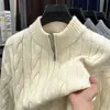 Suéter Masculino de Tricô com Zíper Meio, Suéter de Gola Alta para Outono e Inverno, Peça Superior Grossa e Quente de Manga Longa em Cor Sólida