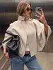 Capa de Murciélago Casual Abrigo de Lana para Mujer, Retro Francés Cuello Alto, Corte Holgado con Efecto de Caída, Capa Corta para Atar