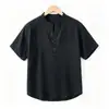 Camisa de Lino de Manga Corta para Hombre Nueva de Verano 2026, Holgada Casual con Cuello Mao, Top Transpirable de Color Sólido Algodón-Lino