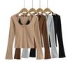 American Hot girl fake two-piece lace button fleece-lined manga comprida das mulheres sexy halter single-breasted sexy bell sleeve t-shirt