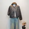 Chaqueta Corta de Cuero Negra Tejida para Mujer, Estilo Callejero Vintage, Cuello Alto, Melard, Talla Pequeña, Chaqueta Biker Versátil