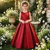 Vestido formal infantil de cetim com saia longa e barra larga, laço nas costas, adequado para daminhas, casamentos, apresentações de piano, vestido de princesa