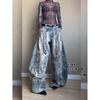 Jeans Cimitarra Retro Americano Tingido com Manchas Desgastadas para Mulheres, Estilo Picante de Verão, Bordado Bagunçado, Calças Compridas