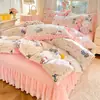 Juego de Colcha de Terciopelo de Leche de Cuatro Piezas Funda de Edredón de Encaje de Invierno Felpa Gruesa de Doble Cara Coral Franela Ropa de Cama