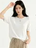 Camiseta de Jacquard de Lino Tencel con Cuello Redondo, Calada, Dobladillo Enrollado, Manga Corta para Mujer, Verano, Nuevo Color Sólido, Top de Punto Holgado Casual
