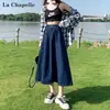 Falda de Mezclilla Azul Oscuro para Mujer 2025 Moderna Versátil Nueva Cintura Alta Adelgazante Versátil Plisada Línea A Midi