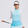 Traje de golf de manga larga con cuello semi-alto de bloques de color, fino, transpirable, para verano, running, curva, alta elasticidad para mujer, deportes al aire libre