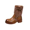 Botas Vintage de Retazos para Mujer, Botas de Montar a Media Pantorrilla a la Moda, Lona de Cuero Sintético con Tacón Grueso, Botas Versátiles con Hebilla Metálica