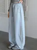 Calça de Moletom Feminina com Patchwork na Cintura e Perna Larga, Novo Estilo Primavera e Outono, Calça Esportiva Casual Solta para Crianças Mais Velhas, Design Patchwork Cinza e Azul