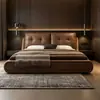 Cama Minimalista Italiana de Piel Genuina para Dormitorio Principal Doble Suave Acolchada Cama Grande Moderna de Lujo Ligero Cama Nube Marrón Cama con Almacenamiento para Apartamento Pequeño