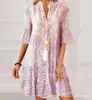 Verano Nuevo Amazon Europeo y Americano para Mujer Transfronterizo Comercio Exterior Cuello en V Bohemio Suelto Media Manga Falda Estampada