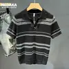 Camisa polo de punto hueco de seda helada ligera para hombre, manga corta de verano, transpirable, camiseta casual de moda a rayas de alta gama con cuello de solapa