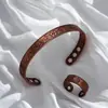 Set de Pulsera y Anillo Magnéticos Transfronterizos, Pulsera Magnética con Diseño de Flor, Joyería Unisex Estilo Retro Cepillado de Cobre Rojo Antiguo