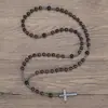 Collar con Colgante de Cruz para Hombre Europeo y Americano Piedra de Ojo de Tigre Obsidiana Cuentas Redondas Cadena Larga Cruz de Hematita Cruz de Rosario