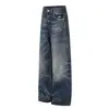 Gd004 High Street Estilo Americano Unisex Vaqueros Lavados Vintage Desgastados con Diseño de Bigotes de Gato Ajuste Holgado para Hombre