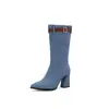Botas de Meia-Canela com Fivela de Cinto Color-Blocked, Bico Fino e Salto Grosso, Botas Femininas Plus Size, Fornecimento Transfronteiriço 338-52