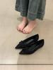 Sapatos Femininos Estilo Francês Bico Fino Salto Bloco 2025 Primavera e Outono Novo Boca Rasa com Saia Para Ir ao Trabalho Loafers de Camurça