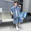Conjunto Jeans Botonê para Meninos, Novo Estilo de Verão, Conjunto de Duas Peças com Padrão de Dragão, Tendência Nacional Infantil, Conjunto Estiloso Estilo Tang para Crianças Maiores
