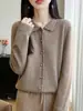 Suéter de punto para mujer 100% lana tejido a mano con ganchillo, calado, cuello polo, delicado y suave, corte holgado, adecuado para ir al trabajo, top de meter