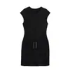 Vestido de Gola Redonda Novo Europeu e Americano Transfronteiriço com Cinto Slim-fit Emagrecedor Sem Mangas Tecido Dupla Face