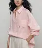 Camisa feminina de linho 100% para outono com bordado, estilo old money, para usar em camadas, relaxada, de alta qualidade, top casual