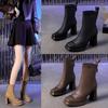 Novas Botas Curtas de Salto Alto com Plataforma Impermeável e Zíper Traseiro, Costura Quadrada, Moda Versátil para Outono e Inverno 2024 para Mulheres