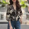 Camisa de Manga Tres Cuartos con Cuello de Corbata Estampado Retro Francés Transfronteriza para Mujer 2026 Nuevo Verano Hermoso Top Blusa para Mujer