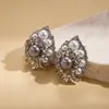 Brincos de Tarraxa Redondos Florais Geométricos de Pérola Falsa Incrustados com Strass, Estilo Europeu e Americano, Vintage Exquisitos Elegantes de Luxo Leve de Alta Qualidade