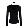 Camiseta Única com Gola Halter Falsa de Duas Peças Manga Longa para Mulheres 2026 Novo Estilo Twist Slim Fit