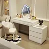 Tocador de madera maciza color crema estilo francés, tocador de princesa minimalista moderno para dormitorio con gabinete de cajones integrado
