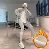 Leggings de forro polar gris claro para mujer, pantalones de punto de algodón puro para otoño, engrosados para abrigar en otoño e invierno, pantalones de algodón ajustados y que favorecen la figura